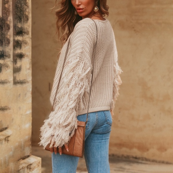 Fringe sleeve knit sweater fall cream cozy GREEN - Picture 6 of 8